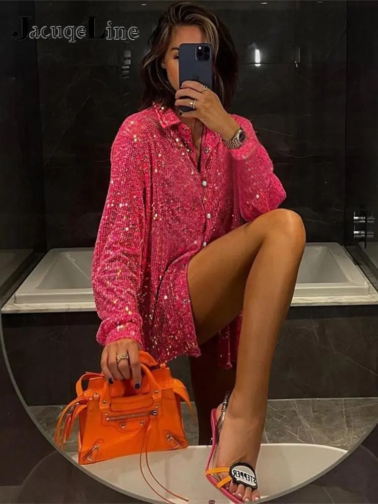 Jacuqele-Blusa Sexy de lentejuelas para mujer, camisa de manga larga con cuello en V y botones, ropa para fiesta y Y2K, 2022-Blusa Sexy de lentejuelas para mujer, camisa de manga