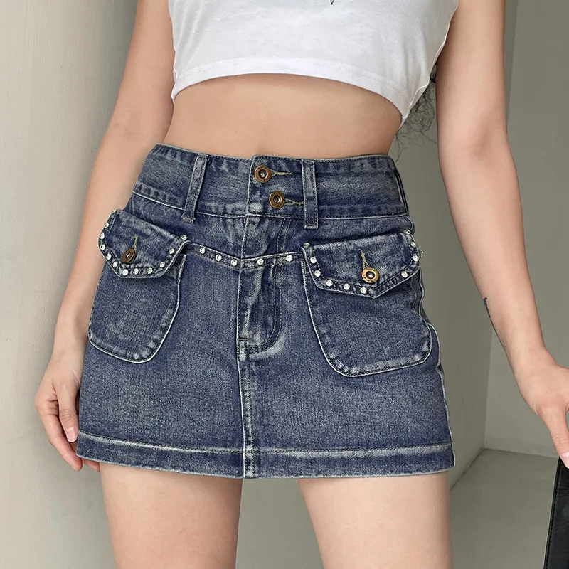 

MODX High Street Vintage Pocket Diamonds Mini Denim Skirt Women High Waist Slim A-Line Short Skirt q659