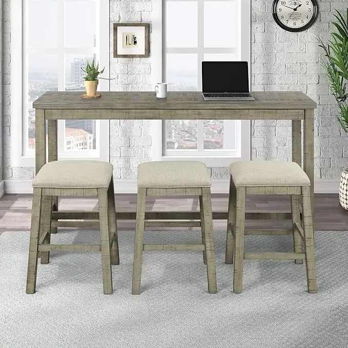 4-Piece Bar Table Set Counter Height Dining Pub Table Set with 3 Bar Stools Multipurpose Pub with USB Interface