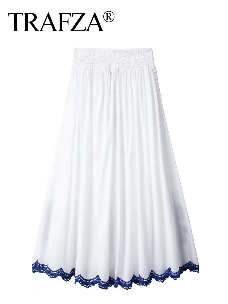 HH Blue Floral Embroidery Skirt For Women Fashion Casual Loose Elastic Waist Skirt Pleated Woman High Waist Midi Skirts