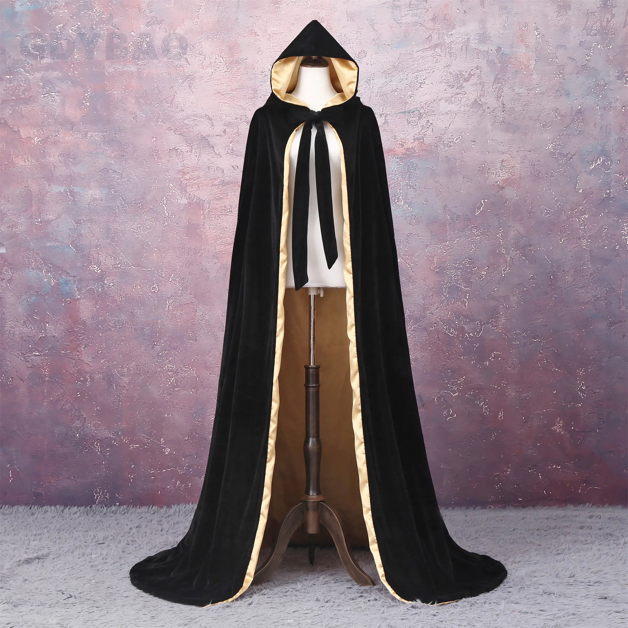 

Black and Gold Lined Outdoor Wedding Cloak Velvet Cloak Medieval Cape Women Winter Outside Wedding Cloak