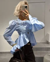 Haut plissé uni à manches lanternes pour femme, décontracté, avec volants, ourlet asymétrique, boutonnage simple, cordon de serrage, coupe courte, pour usage quotidien 5