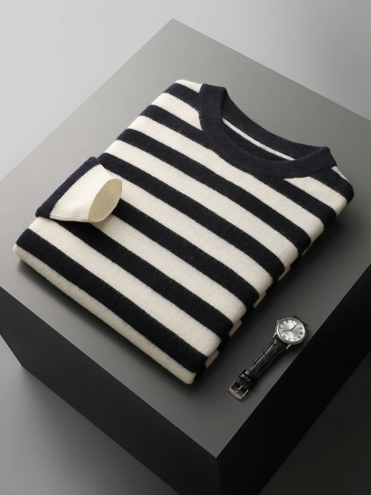 CHICUU Autumn Winter Men's O-neck Striped Wool Pullover Basic Casual Long Sleeve Cashmere Sweater 100% Merino Wool Knitwear Tops 3