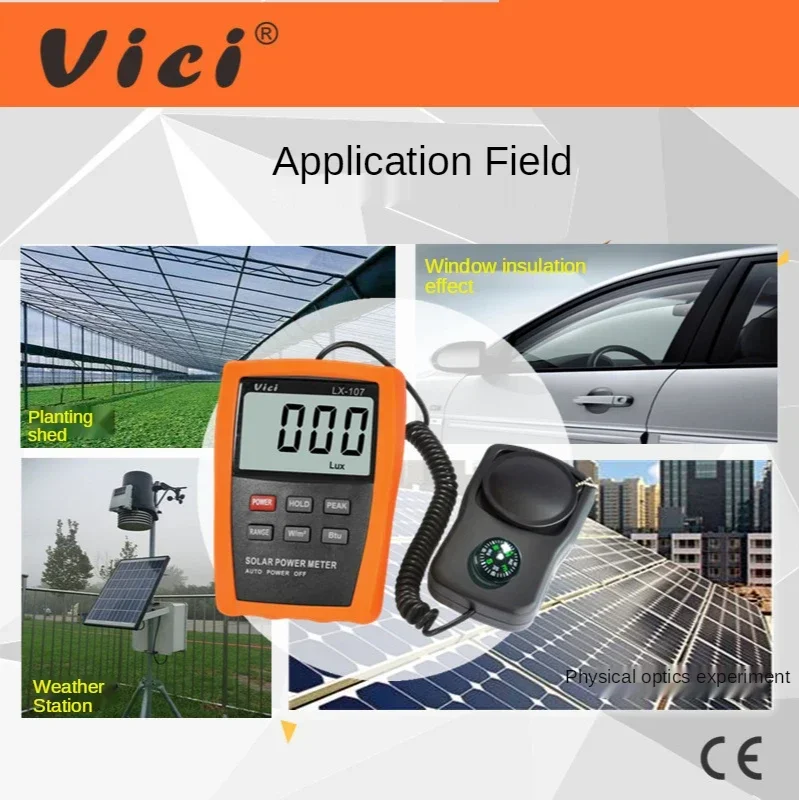 Vici Solar Power Meter LCD BTU Light Radiation Tester Compass Optical Solar Research Glass Light Intensity Data Peak Hold LX107 4