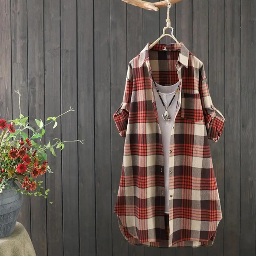 

Women Mid Length Shirt Commuter Casual Shirt Stylish Plaid Print Long Shirt Women's Spring-fall Lapel Blouse with Patch Pocket