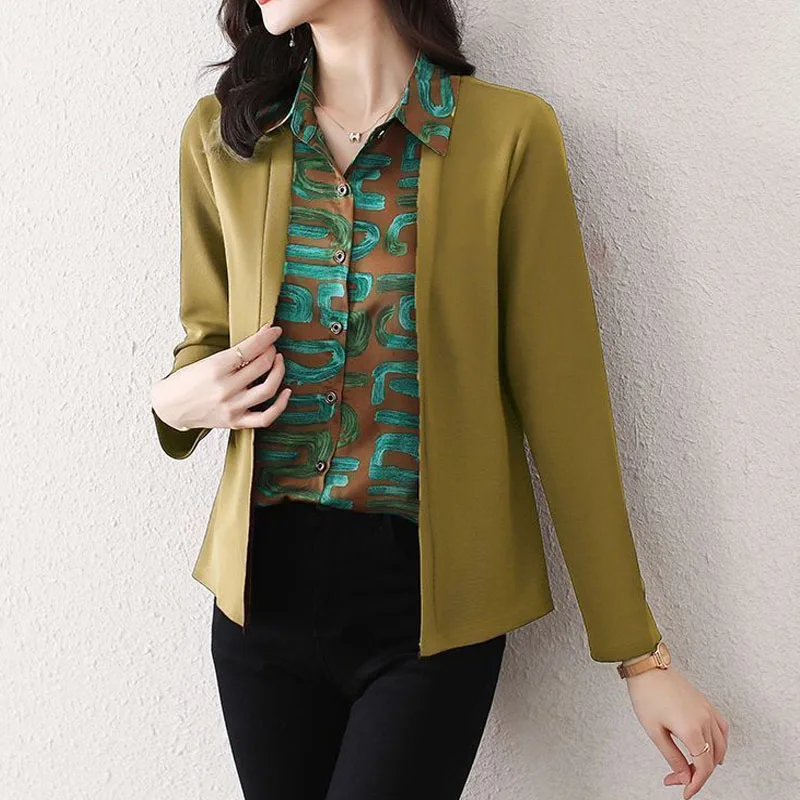 Temperament Fake Two-piece Long Sleeve Office Lady Thin Single Breasted Shirt Turn Down Collar Fake Cardigan Patchwork Women