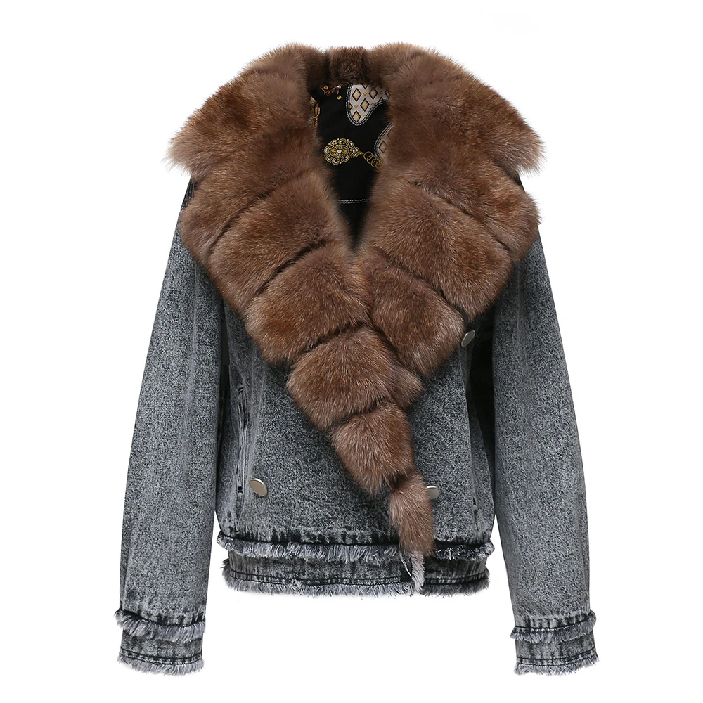 2021 New Arrivals Women Real Fur Jean Coats Fashion Fox Fur Collar
