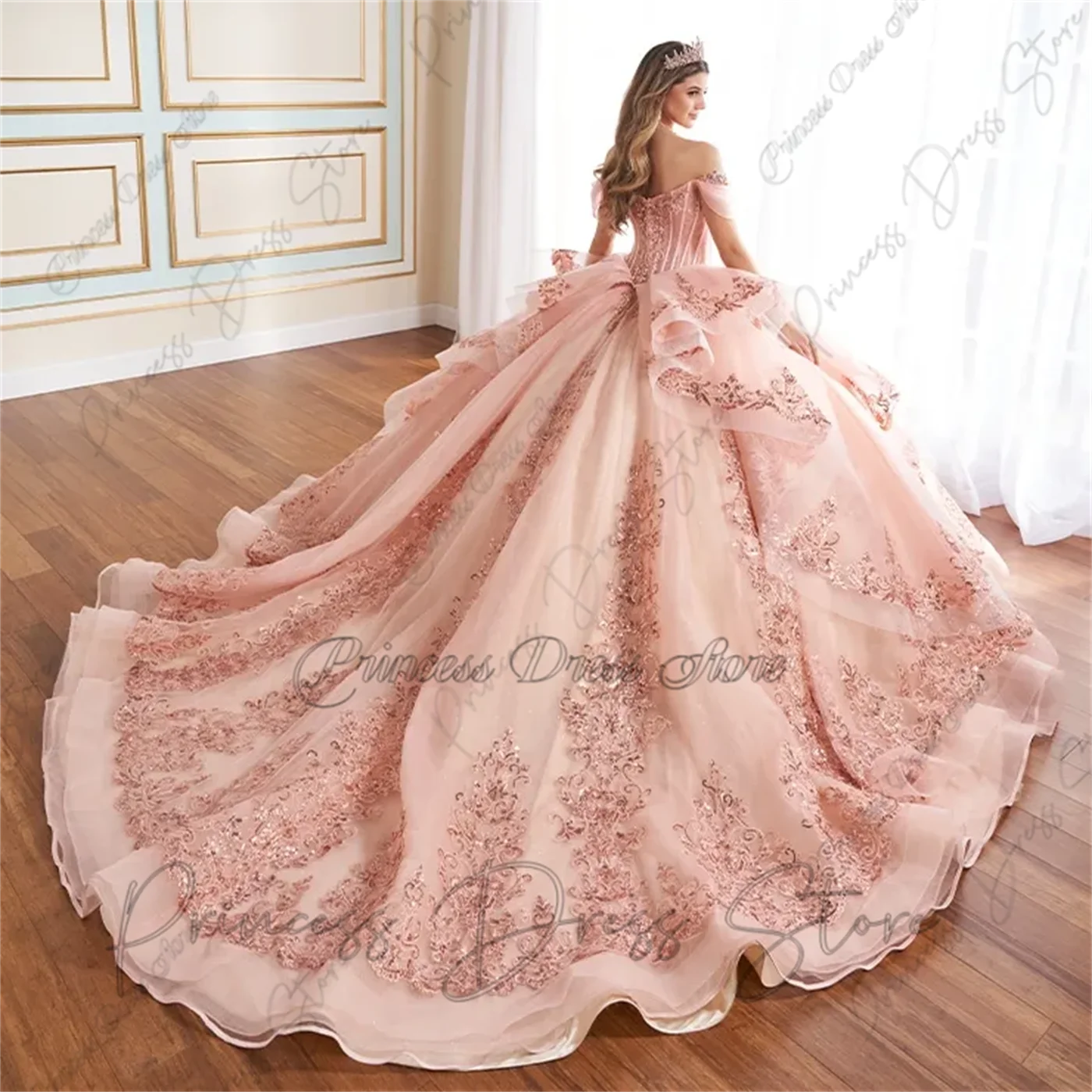 Glitter Quinnceanera Dress Ball Gown Shiny Gold Lace Applique Beading Mexican Sweet 16 Vestidos De 15Anos Party Dress