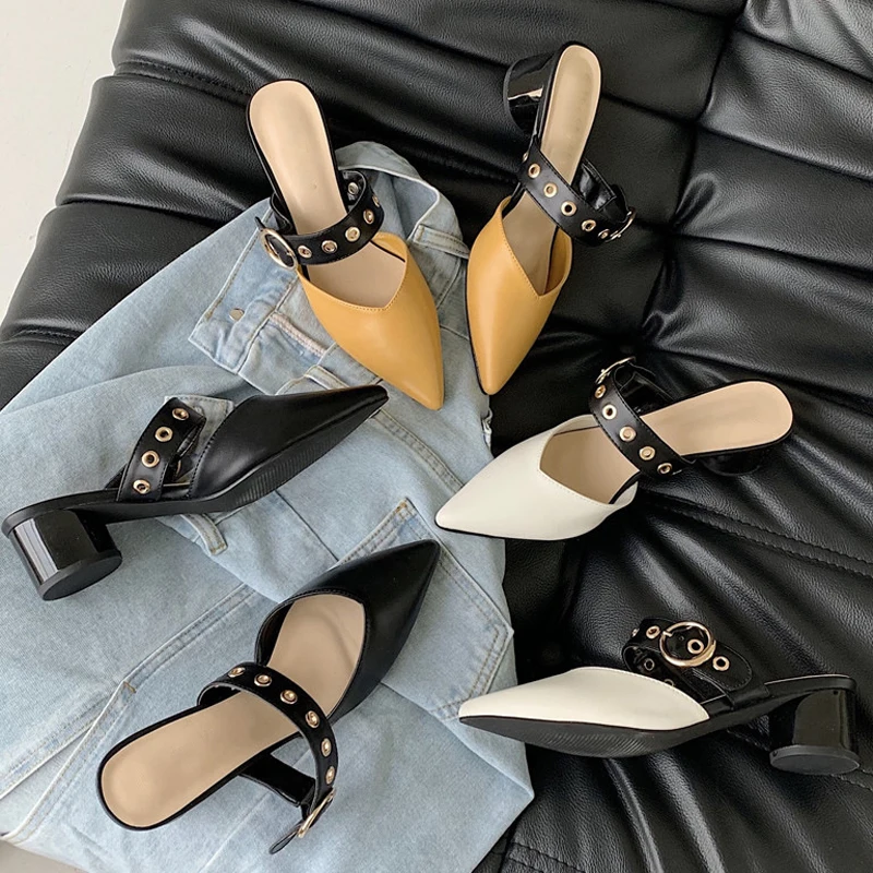 Classic Women Pointed Toe Mules Buckle Band Shoes Ladies Wedges Sandals