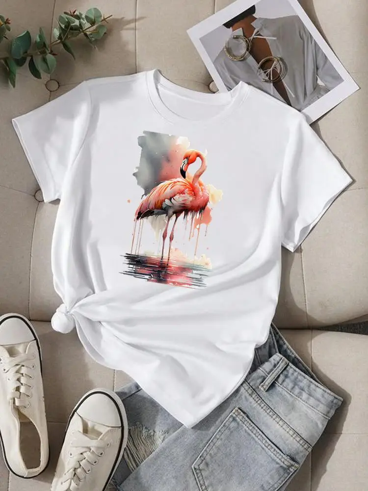 

Flamingo Watercolor Beach Trend Short Sleeve Lady O-neck T Shirt Clothing Women Fashion Casual Print Top Graphic Tee T-shirt