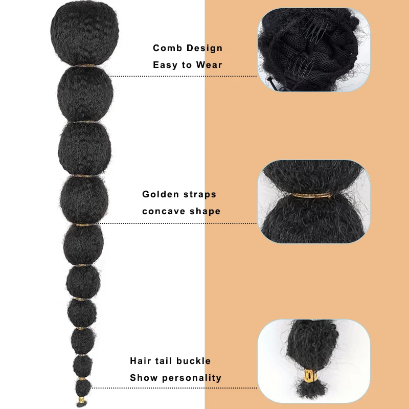 Twisted African Bubble tail Extended 22 inches Long Drawstring Ponytail, Natural Black Clip on Ponytail Suitable for Girls