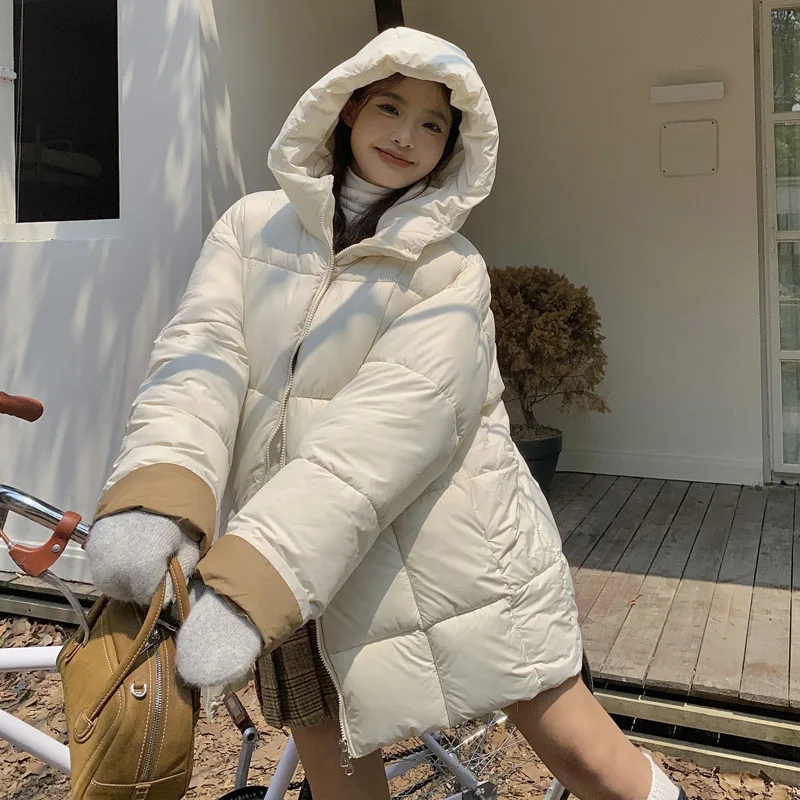 Winter New Style Puffer Jackets Women White Zipper Long Down Jacket Woman  Korean Loose Hooded Bubble Coats Female - AliExpress