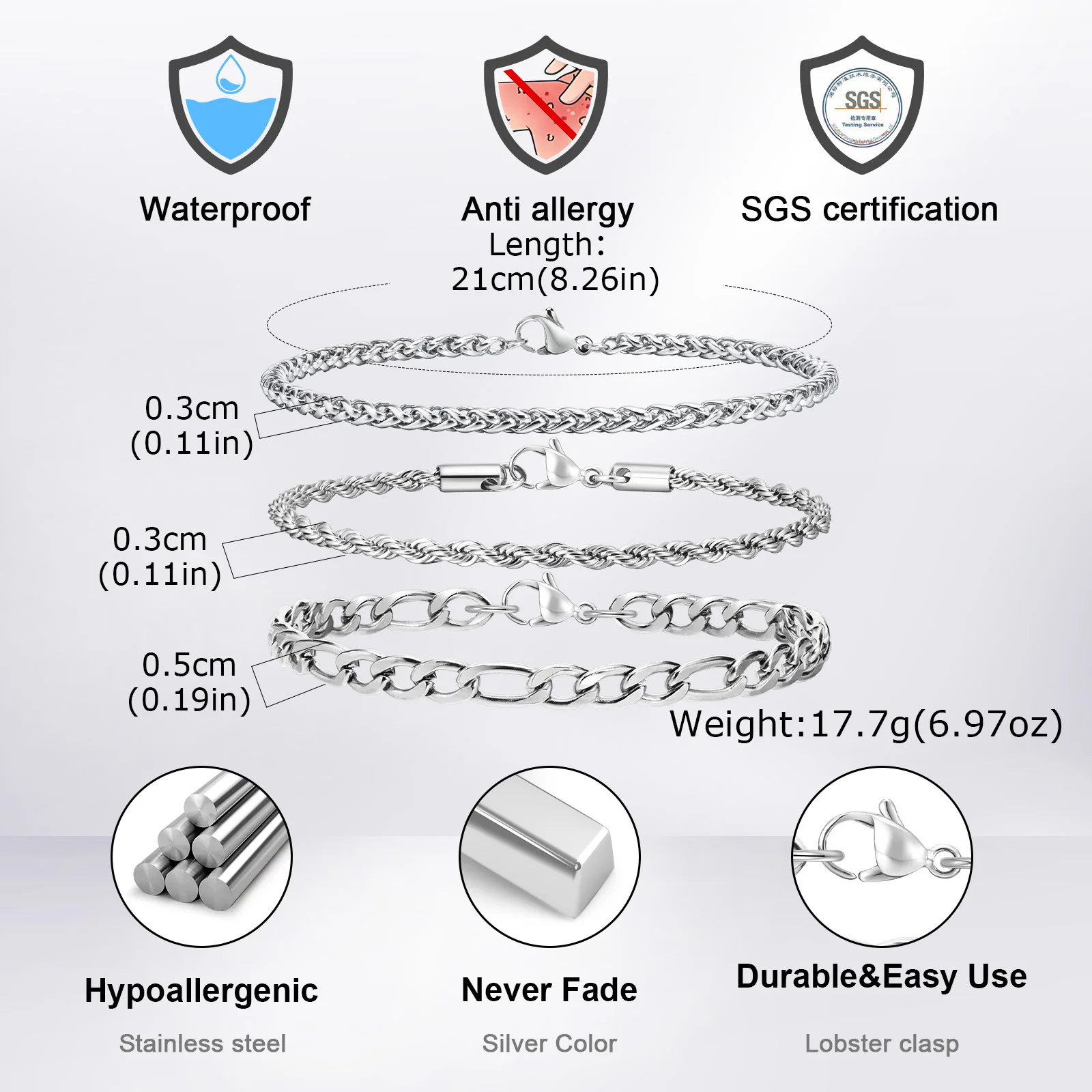 3pcs Silver Color Men's Bracelet,Waterproof Stainless Steel Wheat Chain Bracelet,Simple Casual Jewelry Gift