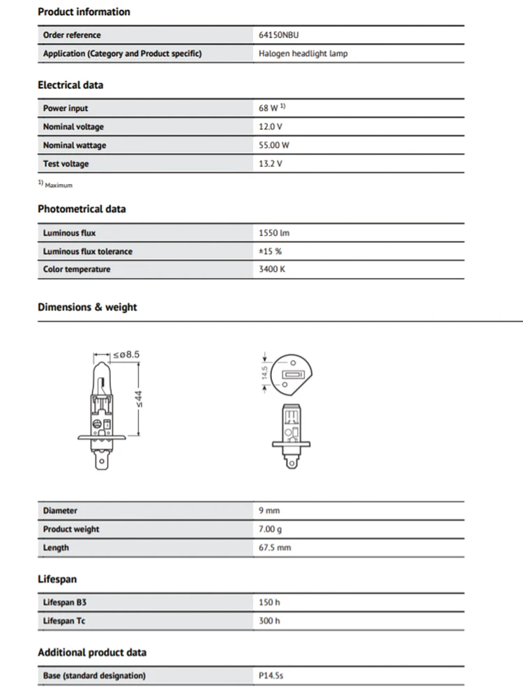 OSRAM H1 55W Night Breaker Unlimited 12V 64150NBU +110% Bright White Car Headlight Fog Lamp Genuine Halogen Lamp 3400K (2 Pcs) 5