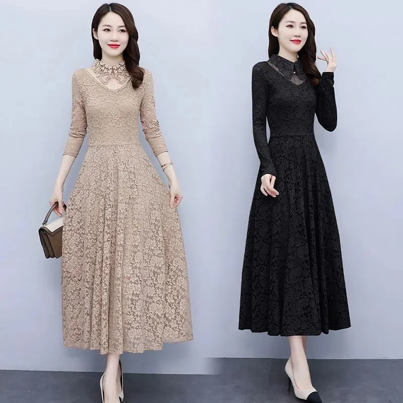 

Lace Dress Female Spring and Autumn 2023 New Long-Sleeved Temperament Slim Openwork Gauze Winter Dress Bottoming Dress M1005