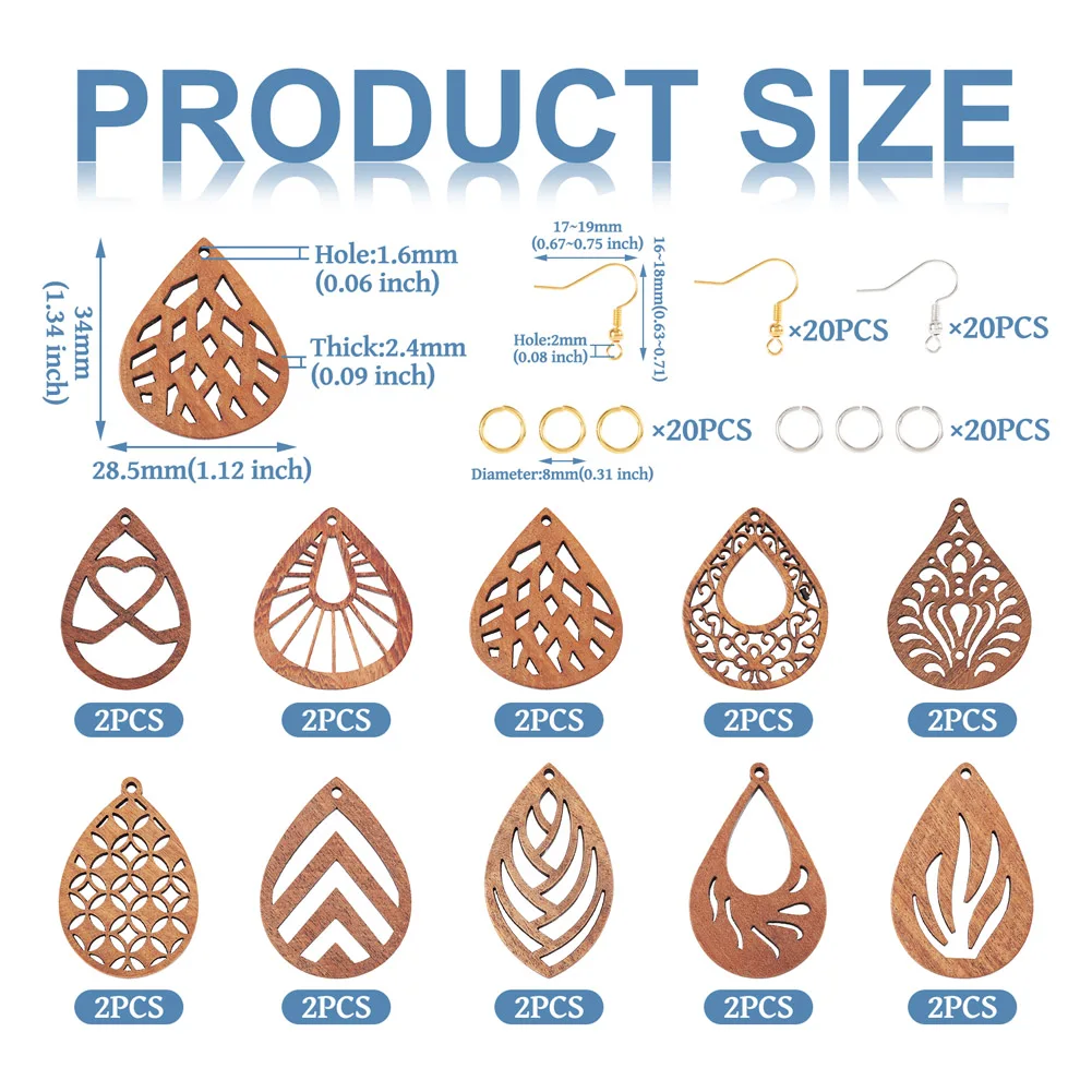 DIY Jewelry Earring Making Kit Including Walnut Wood Laser Cut Pendants Brass Earring Hooks & Open Jump Rings For Making Earring