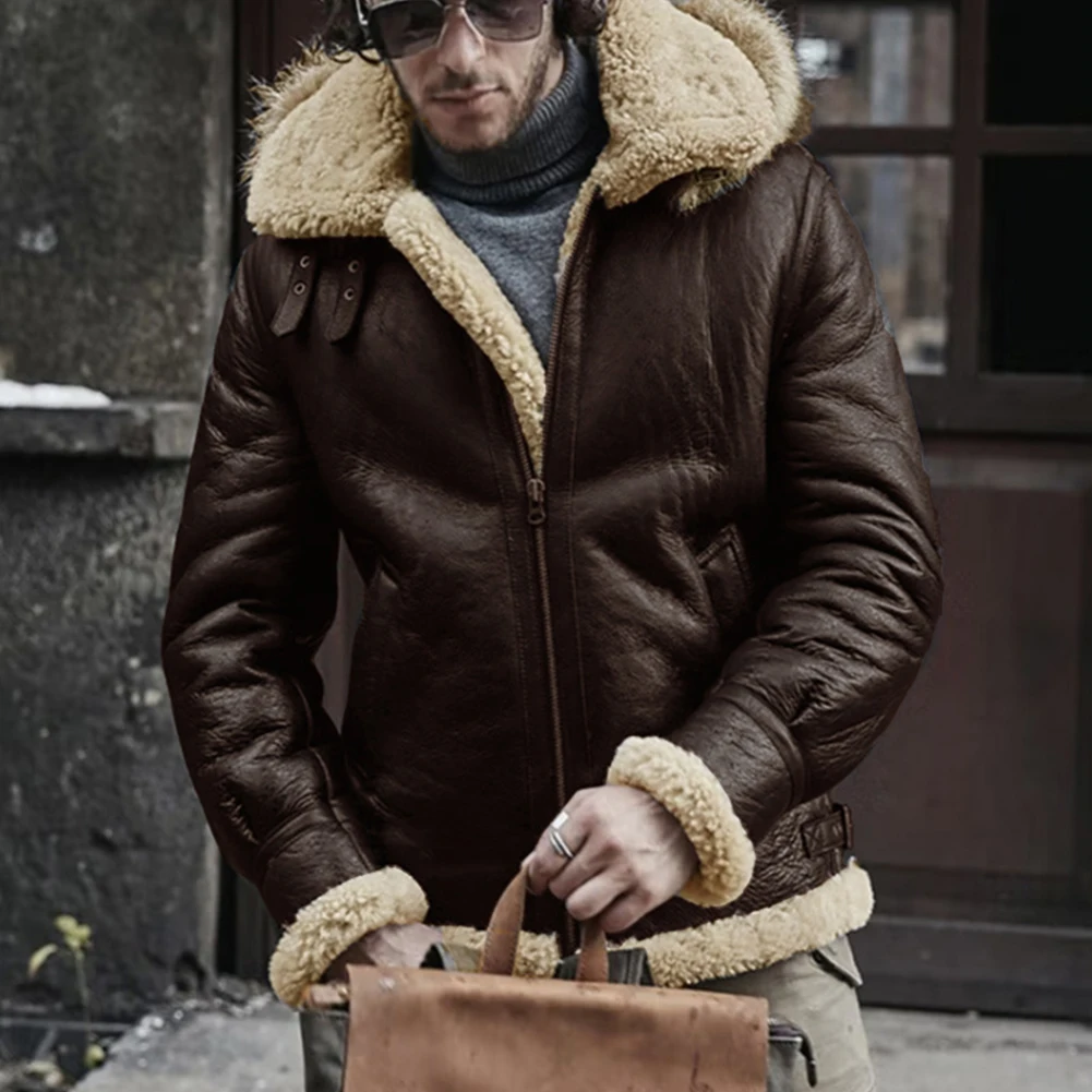 Winter Warm Men's Hooded Jackets Long Sleeve Coats Fashion Casual Cold-Resistant Faux Leather Lambswool Coat Overcoats