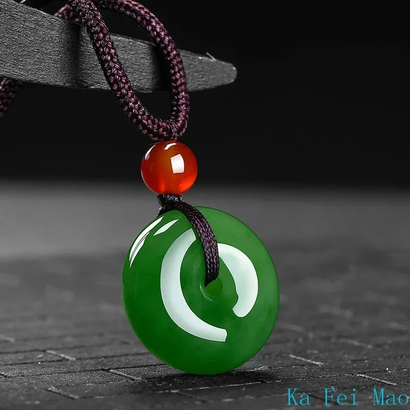 Pendant Necklace Natural Green Jade Safety Buckle Pendant Necklace Hand-Carved Charm Jadeite Jewelry Fashion Amulet for Men Women