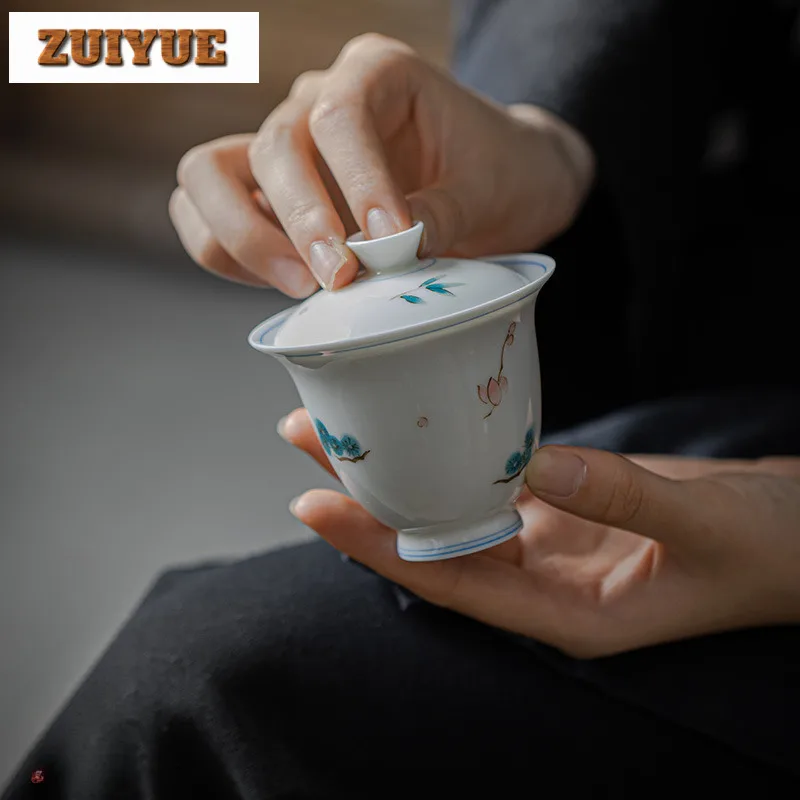 100ml Hand-painted High Footed Gaiwan Handmade Thin Bodied Jade Clay Ceramic Tea Tureen Tea Making Cover Bowl For Supplies