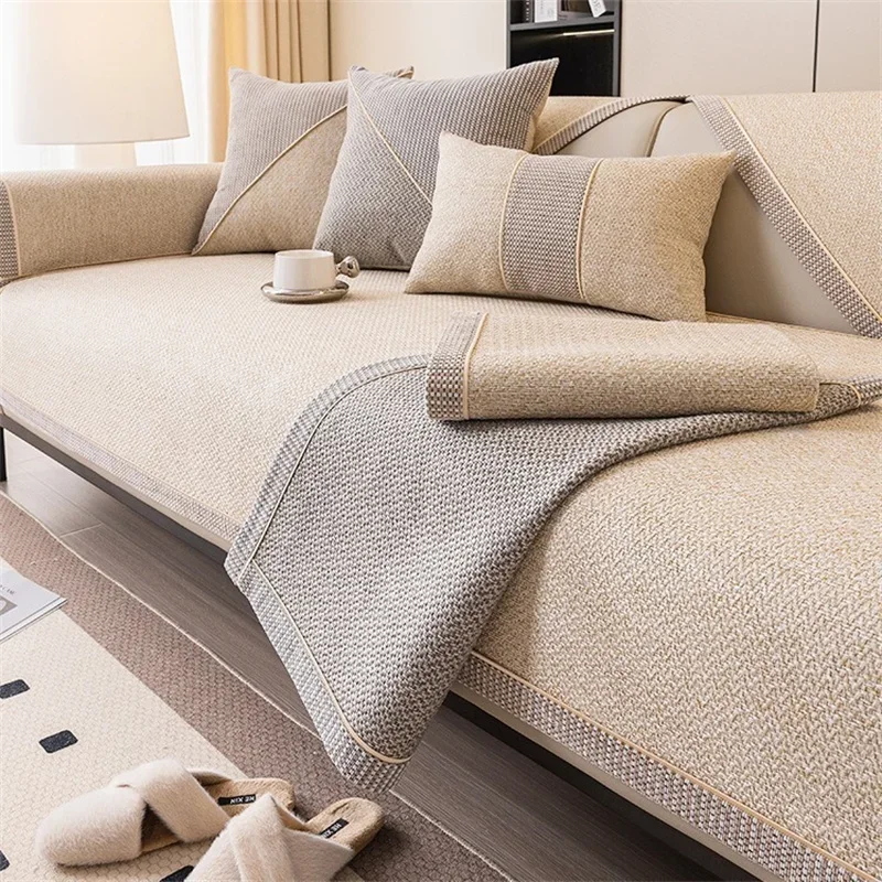 1pc Cotton Line Sofa Cover Solid Color Non-slip Couch Cushion Four Seasons Universal Sofa Mat Simple Sofa Slipcover Living Room 5
