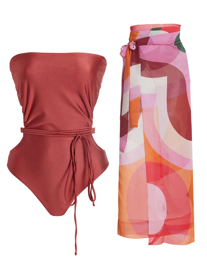 

Reddish-brown Fashion Geometric Color Block Print Wrap Strapless High Waist Lace-up Design One-piece Swimsuit Bikini And Cover