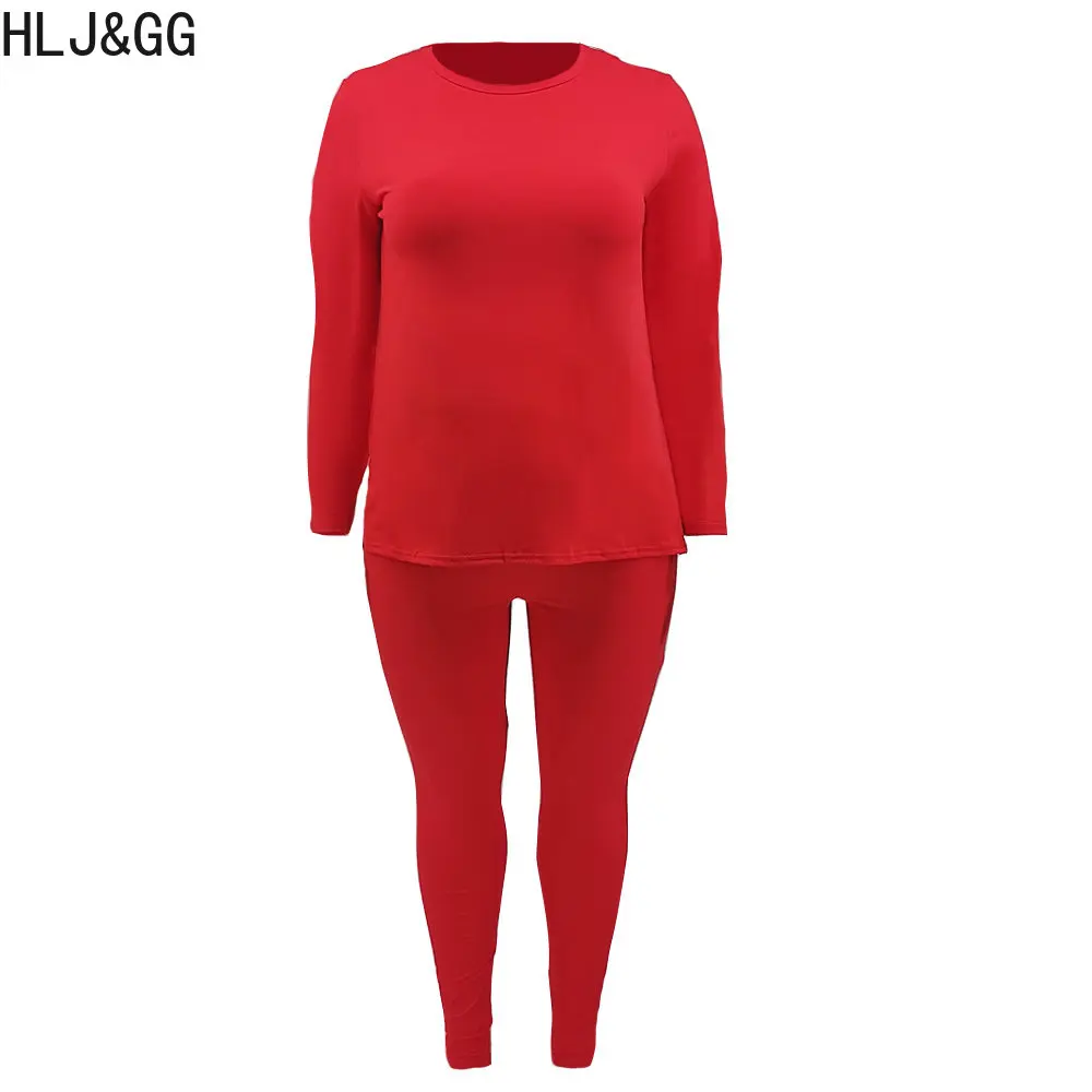 HLJ&GG Plus Size Women Clothing XL-5XL Casual Solid Long Sleeve Top And  Skinny Pants Two Piece Sets Outfits Female 2pcs Outfits - AliExpress