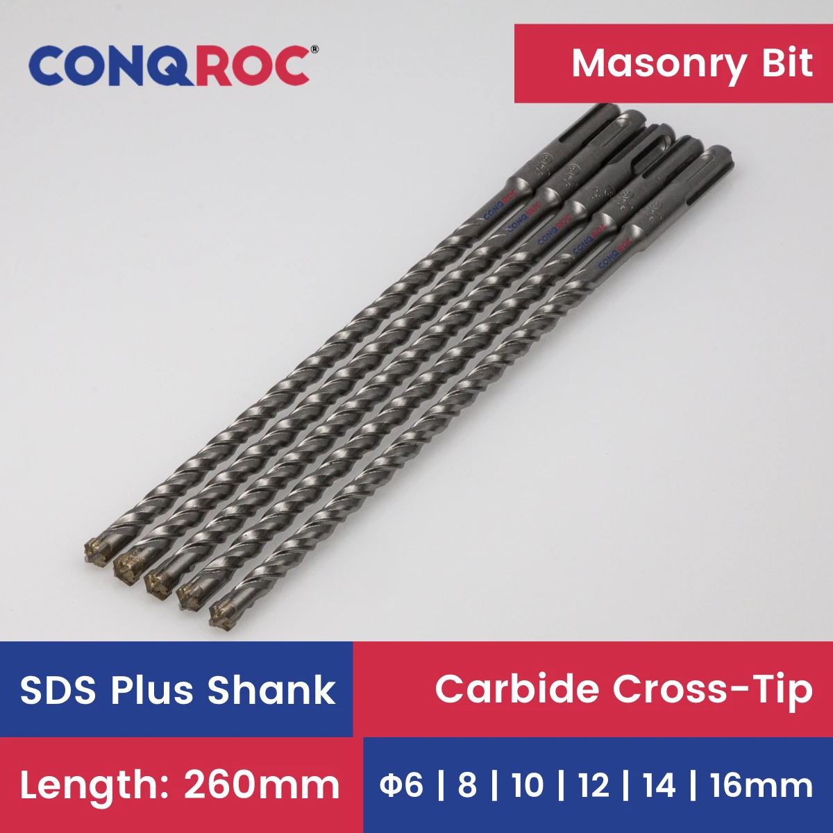 

Masonry Drill Bits SDS Plus Shank Length-260mm Cross-Carbide-Tip Diameter-6~16mm 5-Piece-Same-Size for Electric Hammer