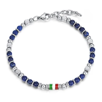 Runda Natural Stone Bracelet for Men Blue 4mm with Stainless Steel Adjustable Size 22cm Fashion Handmade Stone Bead Bracelet