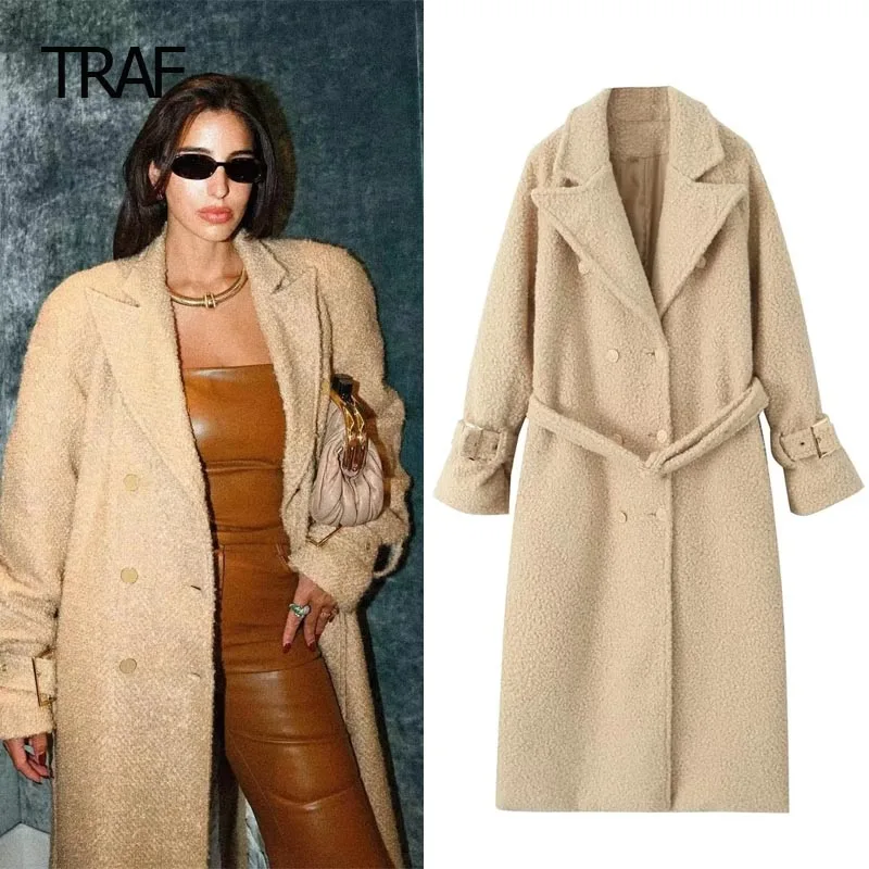 

TRAF Tweed Long Coats Woman Coat Autumn Winter Lapel Collar Long Sleeve Top New Outerwear Demi-Season Women Coats High Quality