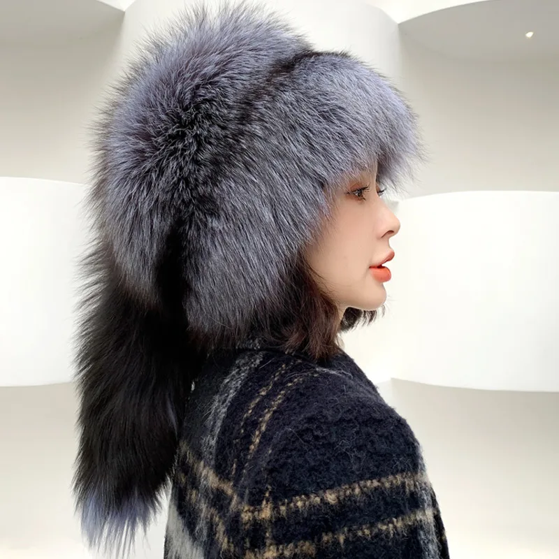 

Winter Real Silver Fox Fur Hat Silver Fox Big Tail Fur Hat Fashion Real Fur Hats Fluffy Female Tail Cap Natural Fox Fur Hat