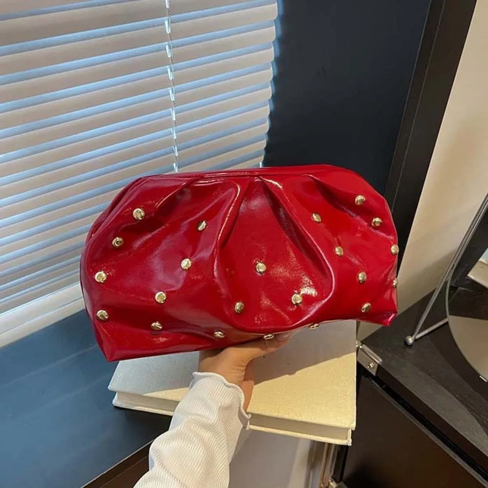 Versatile PU Rivet Clutch Bag Retro Large Capacity Lady Hand-held Purse Solid Color Polyester Pleated Leather Handbag Women - 3