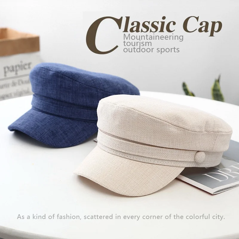 British Retro Style Solid Color Linen Breathable Flat Top Newsboy Cap Sun Hat Military Cap Beret Hats