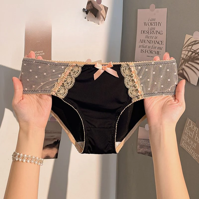 

Women Underwear Ice Silk Thin Panties Anti-bacterial Full Briefs Cotton Crotch Pants No Trace Mid-waist Lace Shorts Girls