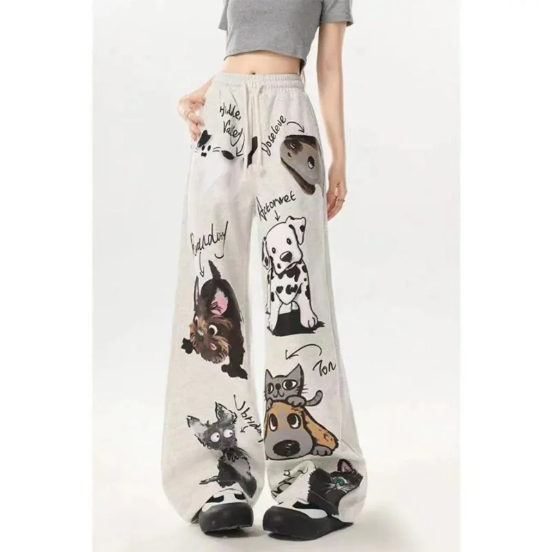 Dopamine Wearing Dog Pattern Casual Straight Pants Unisex Elastic Waist Drawstring Pockets Solid American Loose Street Trousers