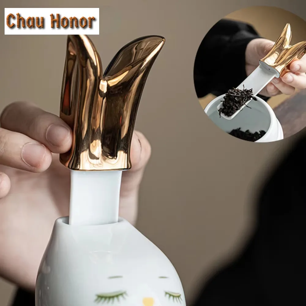 Creative French Flower Ceramic Tea Caddy with Tea Scoop Golden Rabbit Leaf Canister Tea Box Organizer Jar Ornaments Decoration
