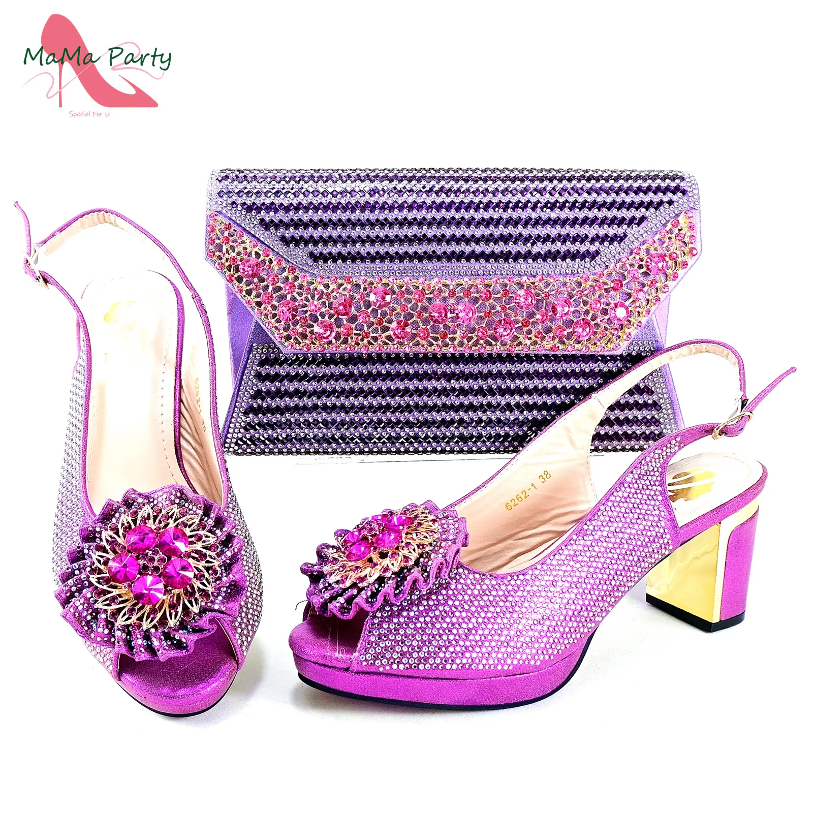 Purple Color New Design Nigerian Women Shoes and Hand Bag Set with Shinning Crystal High Quality Comfortable Heels for Dress