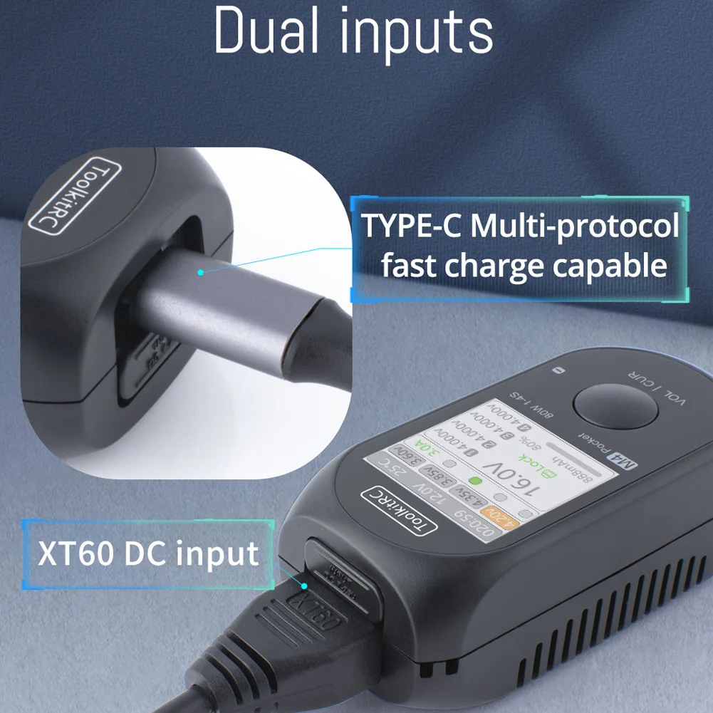 ToolkitRC M4 Pocket DC 80W 5A XT30 XT60 Input USB-C Input/Output Charger for 1-4S LiPo Battery Quick Charger Function 4