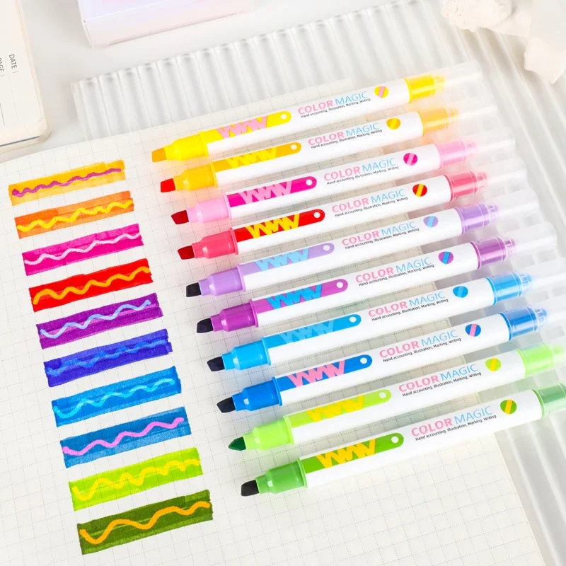 Double-ended Magic Color Changing Highlighter Pen Set 10pcs Student Diary Scrapbook Painting DIY Office Stationery