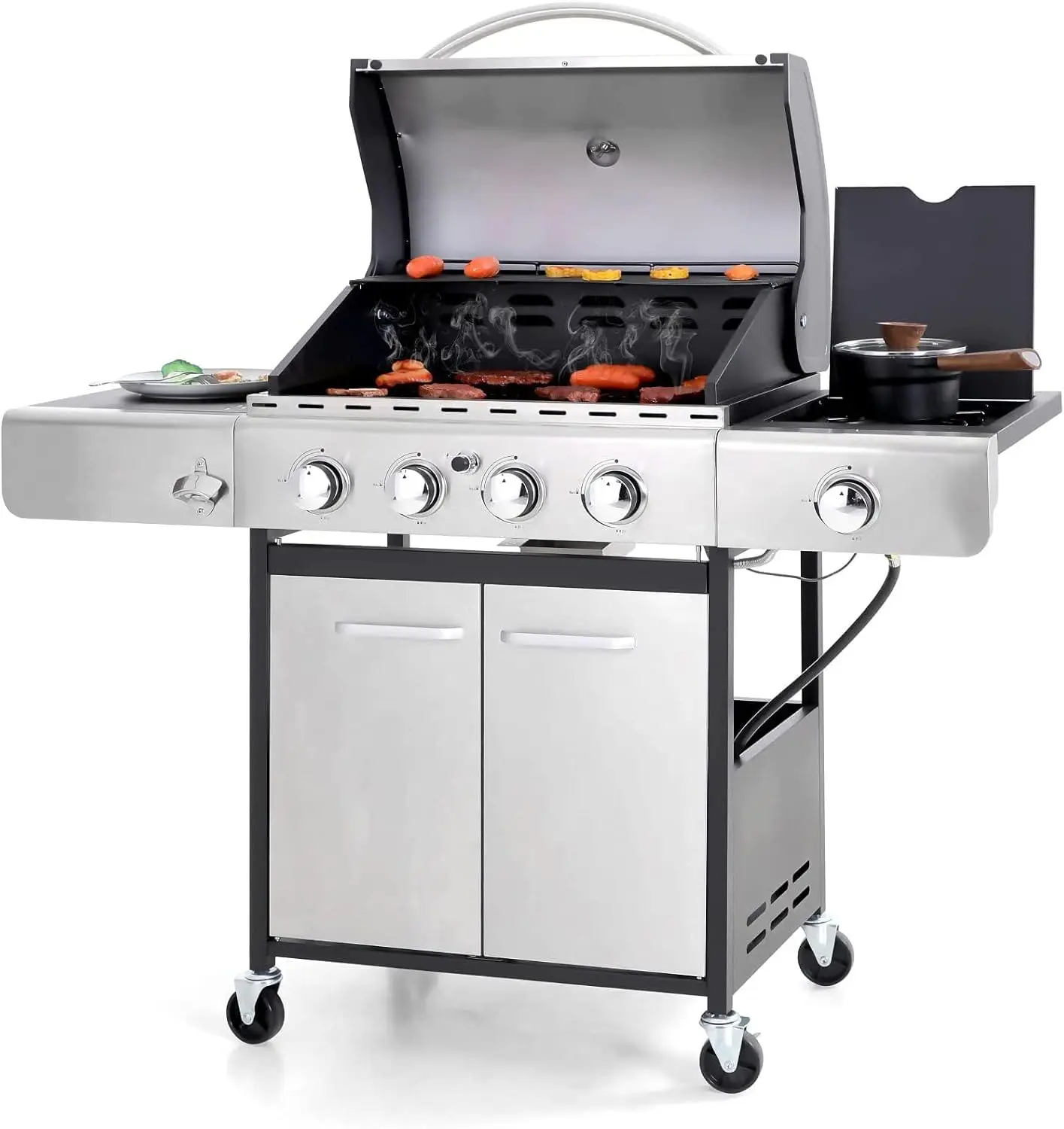 4-Burner Gas BBQ Grill with Side Burner and Porcelain-Enameled Cast Iron Grates 42,000BTU Outdoor Cooking Stainless Steel