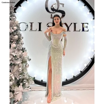 Contessa Dubai customized Silver Shiny Prom Dress With Sleeve Off Shoulder Vestidos de noche Side High Split Formal event dress 1