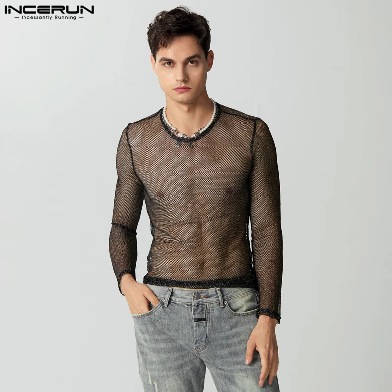 Y-INCERUN-Économie à manches longues transparents pour hommes, maille scintillante, mince, sexy, tout match, style boîte de nuit de fête, S-5XL