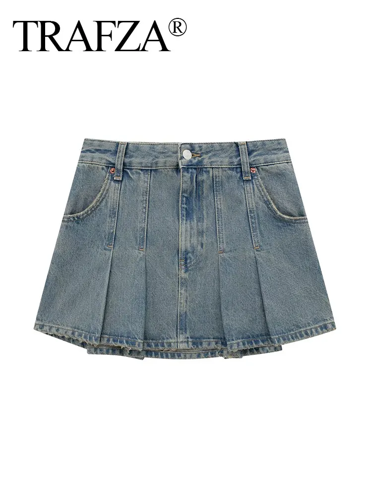 

TRAFZA Retro Belt Design Female Slim Mid-waist Skirt Denim Skirt Summer Fashion Pleated Women's Denim Mini Skirt British Style