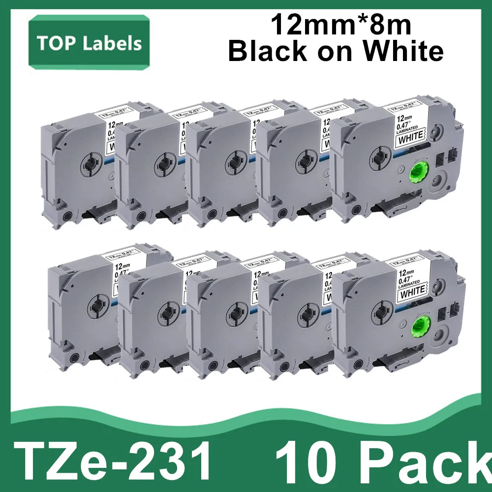 10PK tze231 TZE-231 TZ 231 лента для этикеток для Brother P-Touch PT-D210 PTD600 PTD400AD, черный на белом 12 мм * 8 м клейкая лента для этикеток tzes231 черно белая 12 мм ламинированная этикетка tze s231 tze s231 tze s231 tze s231 для p touch pt