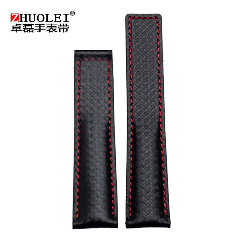 Elegant Cowhide Leather Watchband with Metal Folding Buckle - Black/Red