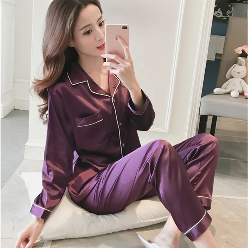 Autumn Winter Women’s Ice Silk Pajama Set Long Sleeve Cardigan 22