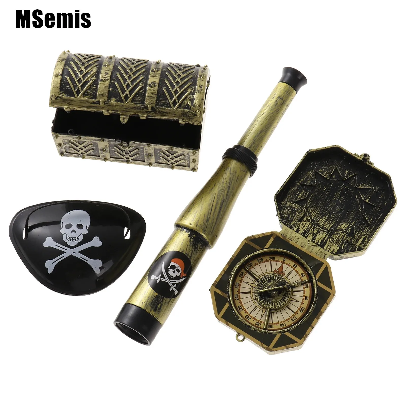 Children Pirate Patch with Skull Telescope Compass Dress Up Prop Pirate Toy Set Halloween Theme Party Decorations Pirate Prop crossed swords pirate flag wall hanging sabres swords jolly roger pirate dead man chest flags skull halloween decorate 90x150cm