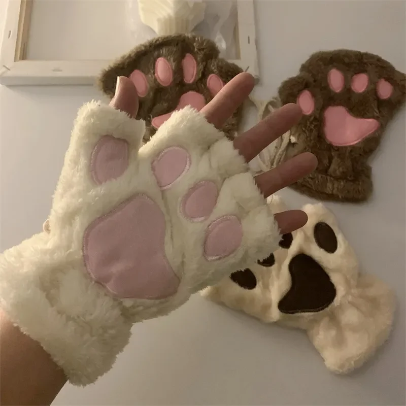 Kawaii Women Cat Gloves Fashion Girls Cat Claw Paw Plush Fingerless Half Finger Winter Gloves