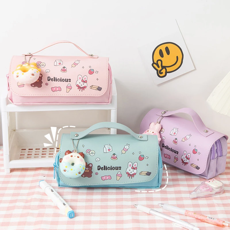 Pencil Case Big Portable Girls Pen Bag Double Layer School Pouch Kawaii Cat Large Capacity Stress Relieving