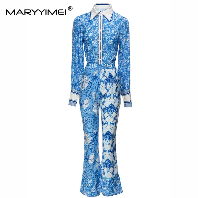 

MARYYIMEI Vintage Blue Print Holiday Suit Spring Autumn Lantern Sleeve Peter Pan Collar Single Breasted Shirt＋Flare Pants