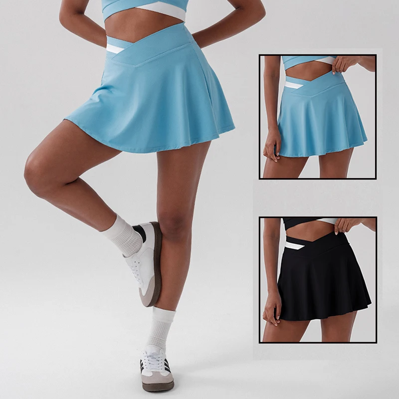 Women High Waisted Crossover Tennis Skirt with Pockets Anti-Exposure Mini Skirt Sports Skorts Gym Yoga Skorts with Inner Shorts